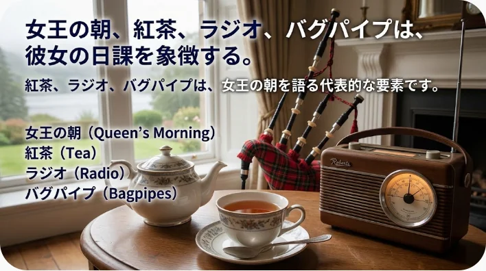 銀のティートレーと紅茶、朝のラジオ、時計、王室邸宅の外にいるバグパイプ奏者