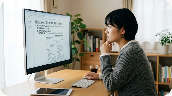 特許番号、権利者、法的状態、特許ファミリーを資料で確認する机上風景