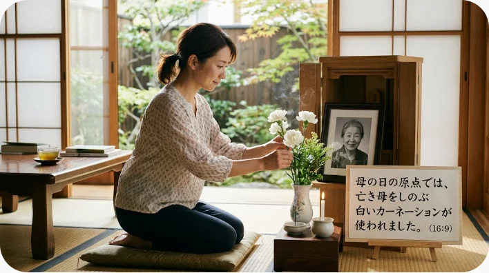 二十世紀初頭の教会を思わせる木製のテーブルに白いカーネーションが置かれている様子
