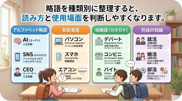英語の短縮語や頭文字の略語を種類別に整理する学習者