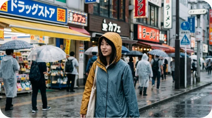雲の切れ間が見える英国の街で小雨と風に対応してフードをかぶる歩行者