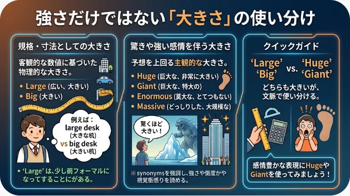 大きさの異なるコーヒーカップ、ケーキ、家の模型を見比べる英語学習者