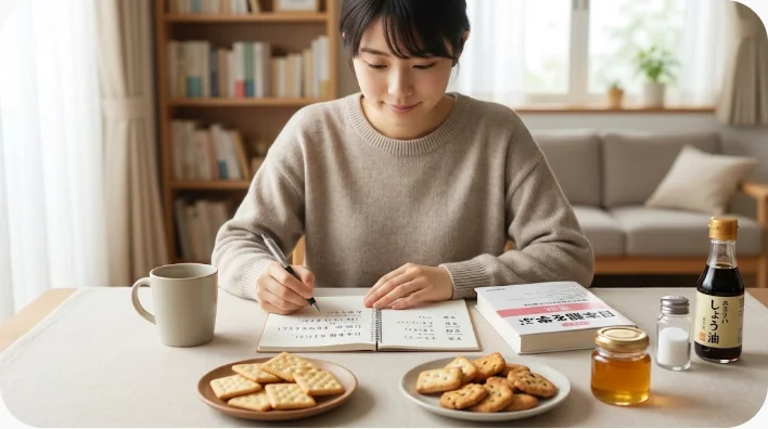 個包装のお菓子、クラッカー、調味料、コーヒー、ミックス粉、スプレッドを並べた比較用の写真