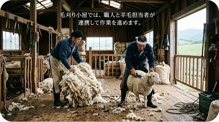 毛刈り職人が羊を刈り、羊毛担当者が一頭分の羊毛を選別台に広げている毛刈り小屋