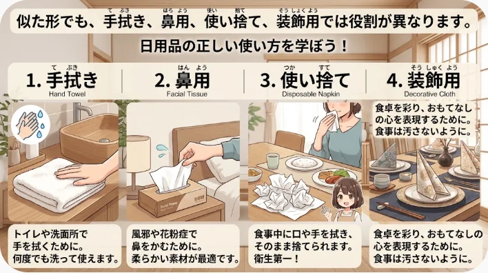 綿のハンカチ、タオルハンカチ、紙ティッシュ、箱入りティッシュ、ポケットチーフを並べた比較画像