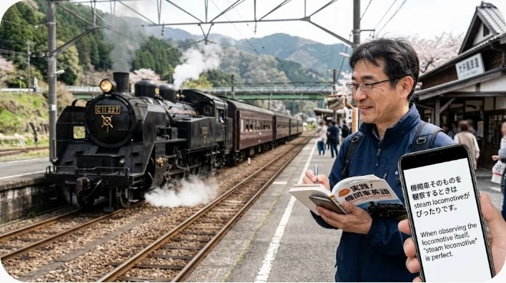 鉄道博物館のホームで蒸気機関車の構造を観察する来館者