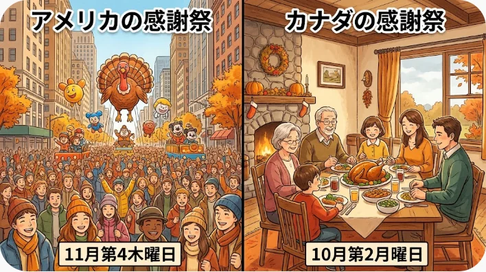 アメリカの11月の感謝祭とカナダの10月の感謝祭を秋の食卓で対比した画像