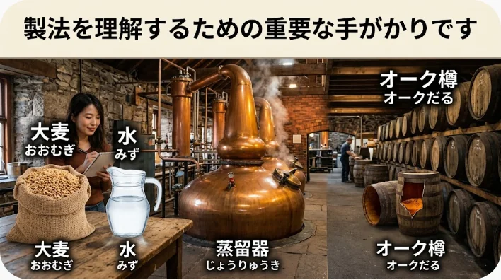 大麦麦芽、水、銅製蒸留器、穀物、オーク樽を並べたスコッチウイスキー製造の基本要素