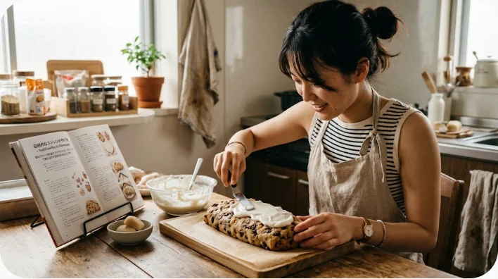 ドライフルーツが密に詰まった英国式フルーツケーキとマジパンや製菓道具