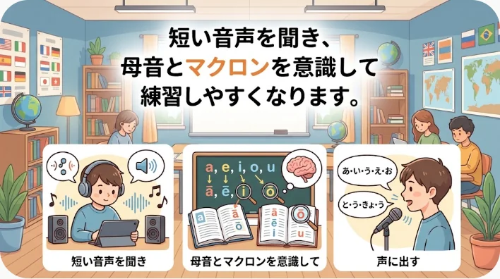 ノートとヘッドホンを使ってニュージーランドのあいさつを学ぶ場面