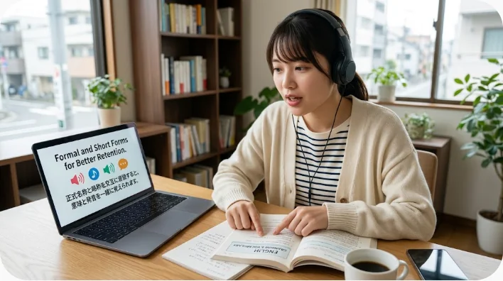 ISSの正式名称をノートで確認しながら発音を練習する英語学習者