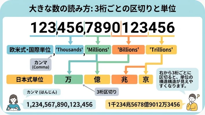 数字カードを3桁ずつ分けて英語の大きな数の単位を学んでいる場面