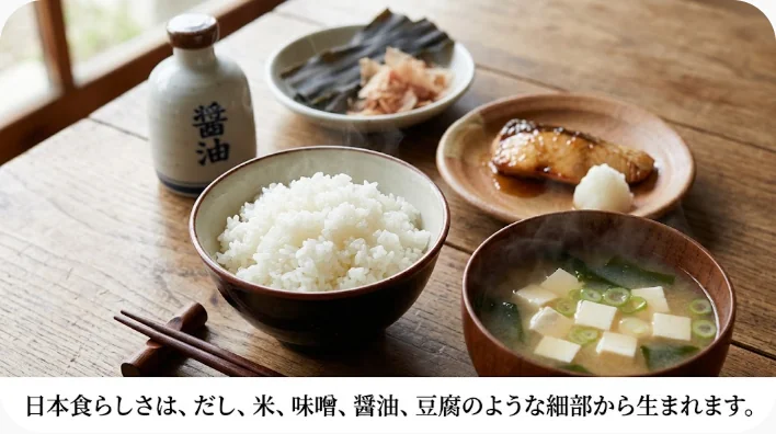 白米、味噌、醤油、昆布、かつお節、豆腐、だしが木のテーブルに並んでいる