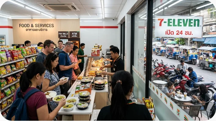 海外旅行者が日本型のコンビニと海外の小型店の違いを見比べている様子