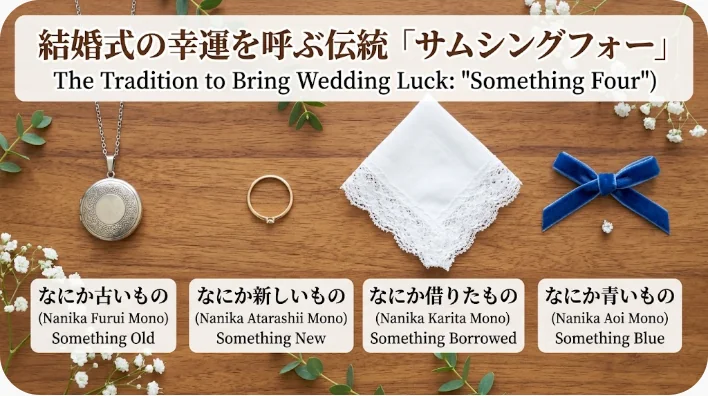 古いレース、新しい手袋、借りたハンカチ、青いチャームが並ぶ結婚式小物