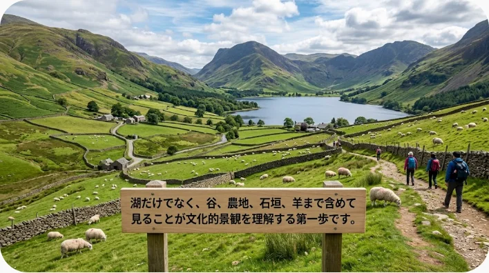氷河湖、石垣、牧草地、農家、羊が一体となった英国湖水地方の文化的景観