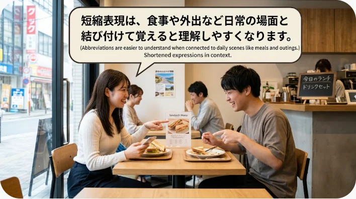 ノート、紅茶、サングラス、サンドイッチを使ってオーストラリア英語を学ぶ様子