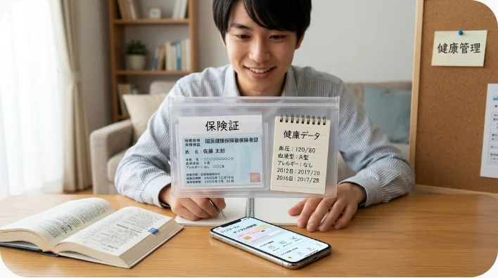 保険証、パスポート、予防接種記録、服用薬一覧、緊急連絡先を整理した留学準備の机