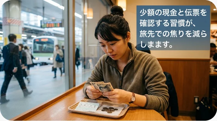少額の米ドル紙幣とユーロ硬貨、伝票、カード、電卓をホテルの机に並べた様子