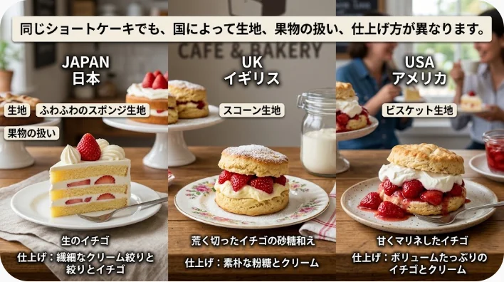 イギリス式、アメリカ式、日本式のショートケーキを左から並べた比較画像