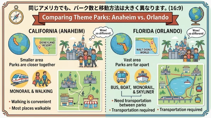 カリフォルニアのコンパクトなパーク地区とフロリダの広大なリゾートを対比した風景