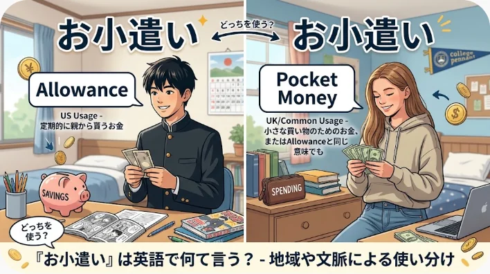 お小遣い用の封筒や硬貨、紙幣、貯金瓶、家計ノートを並べた画像