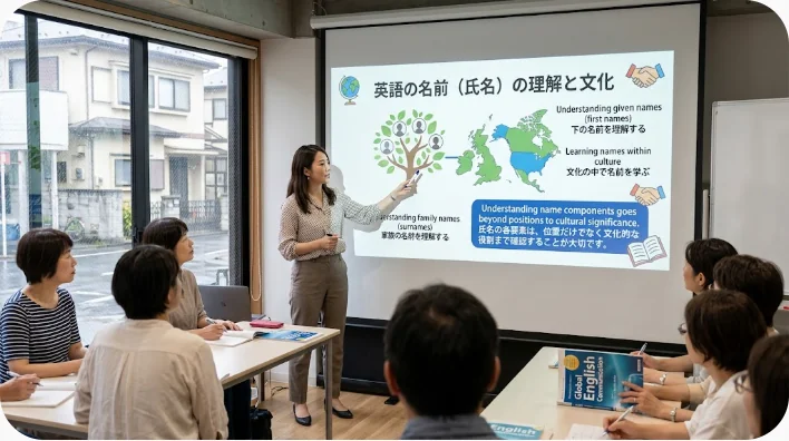 名、ミドルネーム、姓を表す三枚のカードと家系図を並べたイメージ