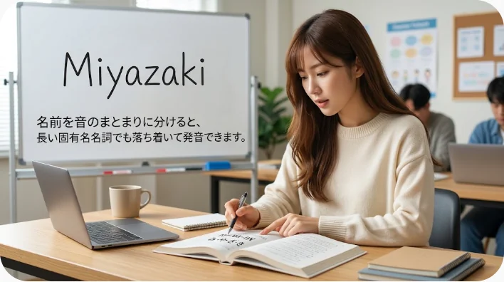ノートを使って名称の発音とケベック、モントリオール、ラスベガスの関係を学ぶ英語学習者
