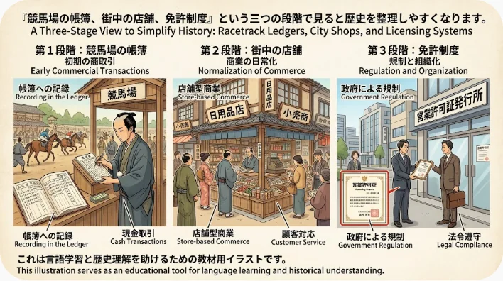 競馬場の台帳から英国の認可ベッティングショップへ移る歴史を表した教育的な画像