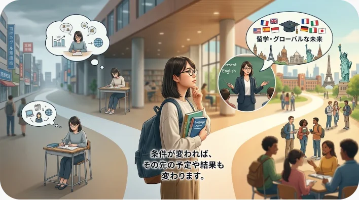 天気という条件からハイキングと屋内活動の二つの結果へ枝分かれする様子