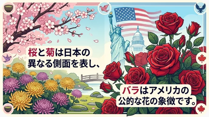 桜と菊とバラを並べて比較した植物教材風の画像