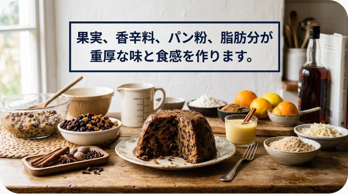 ドライフルーツ、香辛料、パン粉、卵、バター、ブランデーとプディング型を並べた材料写真