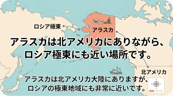 シベリア、ベーリング海峡、アリューシャン列島、アラスカ、カナダの位置関係を示す歴史地図風画像