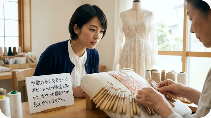 レース用ピローの上で木製ボビンとピンを使い花模様のホニトンレースを作る職人の手元