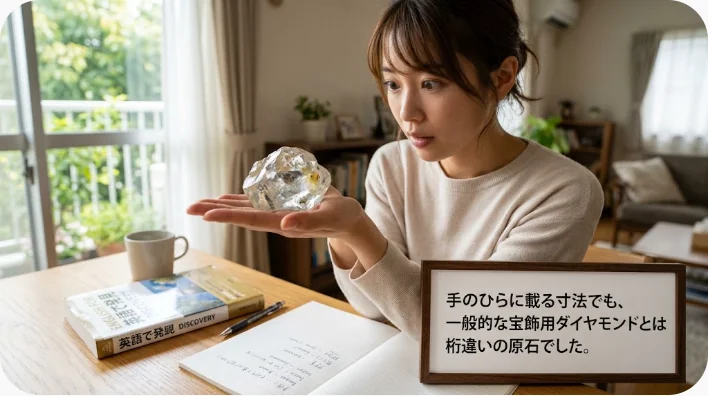 カリナンダイヤモンド原石の大きさと南アフリカの鉱山を表す展示イメージ