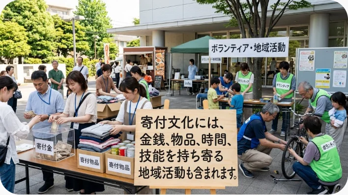 地域センターで食料や衣類などの寄付物資を仕分けする多様な住民とボランティア