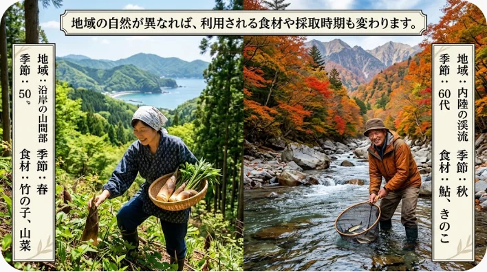 オーストラリアの多様な自然環境を背景に果実、種子、葉、木の実を並べたブッシュフードの資料画像