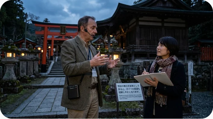 夕暮れのロンドン塔を背景にガイドの歴史説明を聞く旅行者たち