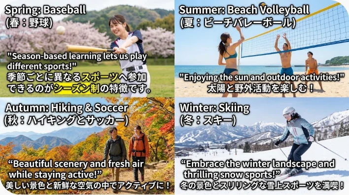 秋・冬・春の高校スポーツを表す競技用具が校内に並んでいる様子