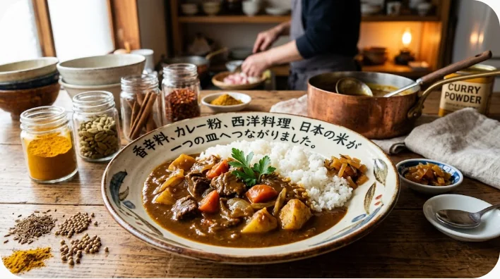 インドの香辛料、イギリス風のカレー粉容器、日本の米と野菜を並べたカレー伝来の資料画像