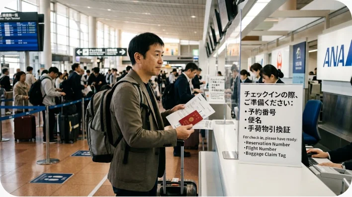 空港のテーブルでパスポートや搭乗券、手荷物引換証を整理する旅行者