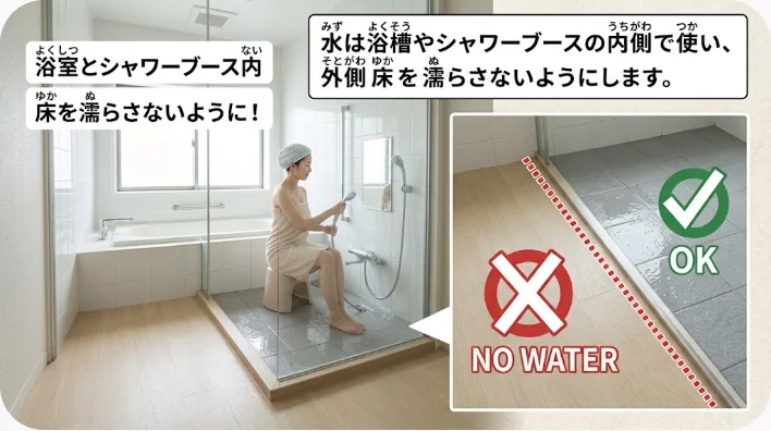 浴槽一体型シャワーと浴槽内に入れたカーテンを備えるアメリカ式バスルーム