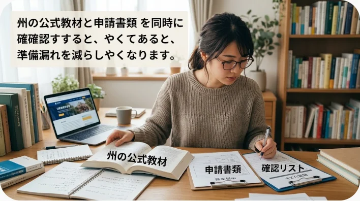 パスポートや住所証明書類と運転者用ハンドブックを机に並べた免許申請の準備風景