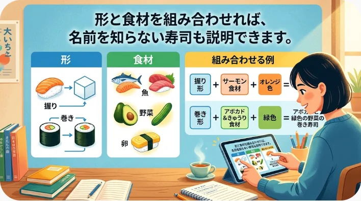 マグロ、サーモン、ホタテ、エビ、タイ、サバ、ウナギ、ウニ、イクラ、玉子、巻き寿司が並ぶ様子