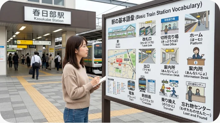 新幹線の切符を持つ英語学習者が駅のホーム入口を確認している様子