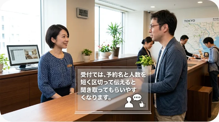 海外のレストラン入口で予約名を伝える英語学習者と受付担当者