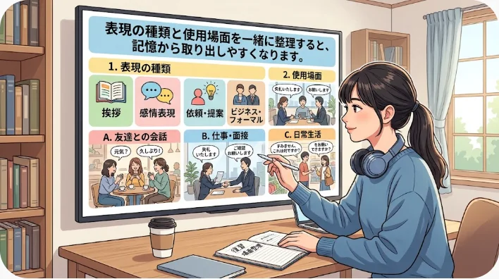 英語の決まり文句を種類ごとにカードで整理する日本人学習者