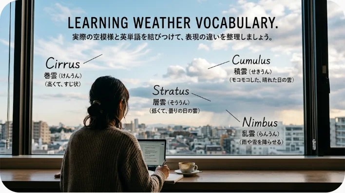 晴れ、曇り、雨、雪、風、霧が一つの風景に表現された画像