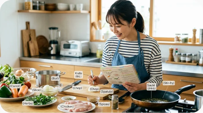 エビや野菜、冷たい衣、小麦粉、調理器具を並べた天ぷらの材料と下ごしらえの様子
