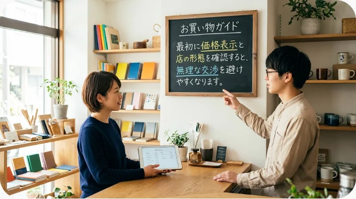 海外市場で値札と商品を確認しながら交渉できる店か見極める英語学習者
